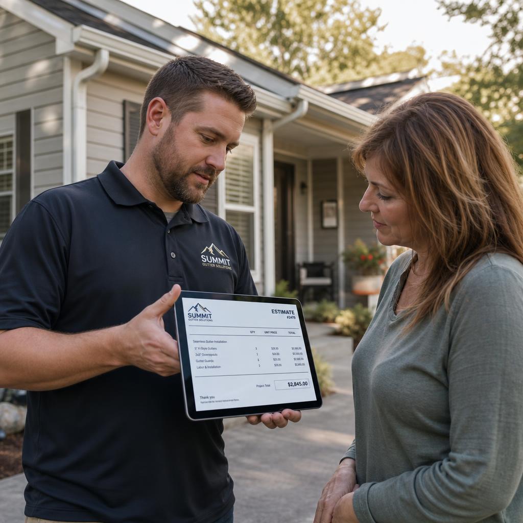 Gutter estimator showing a polished digital estimate to a homeowner on a tablet in the driveway