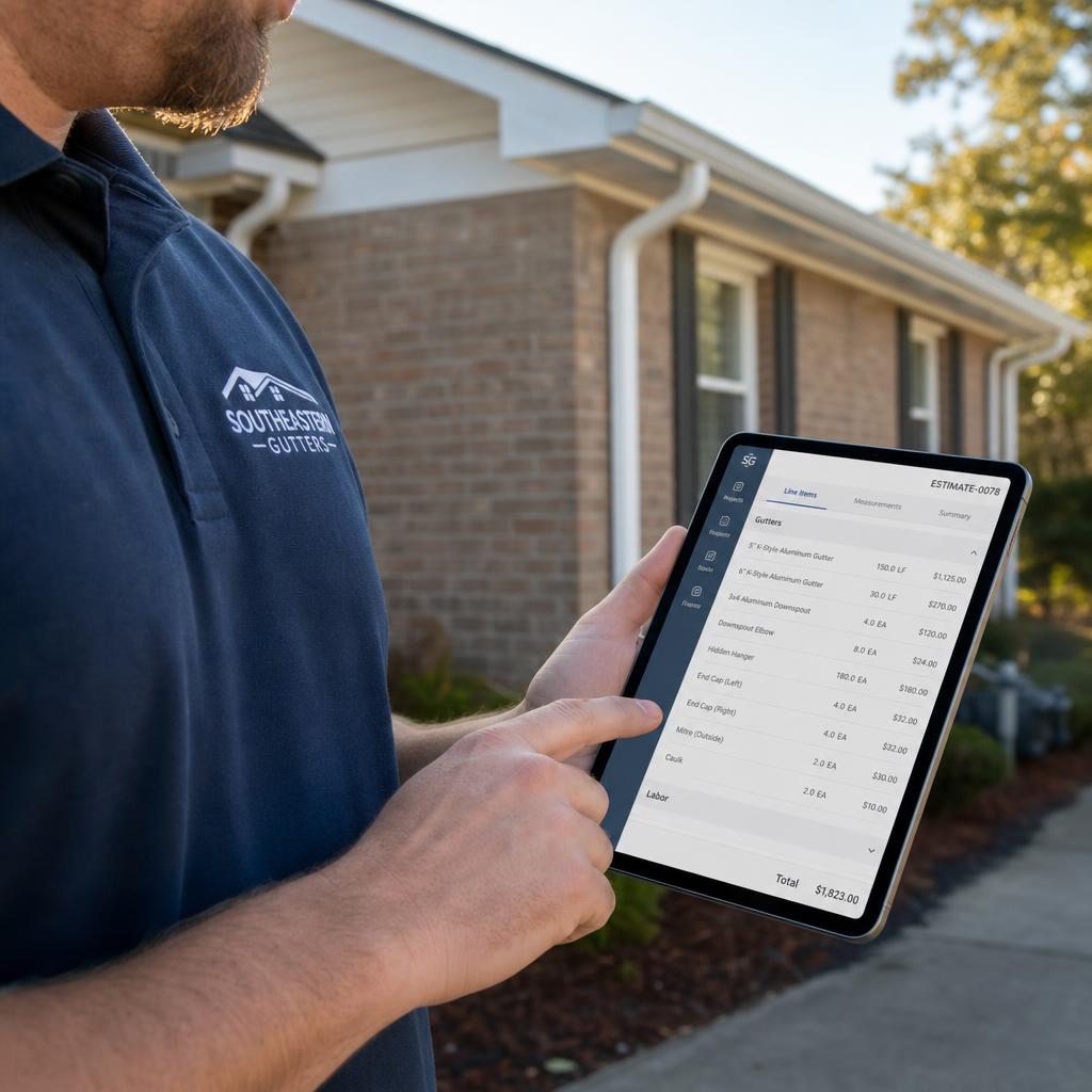 Estimator building a gutter estimate on a tablet at a residential jobsite