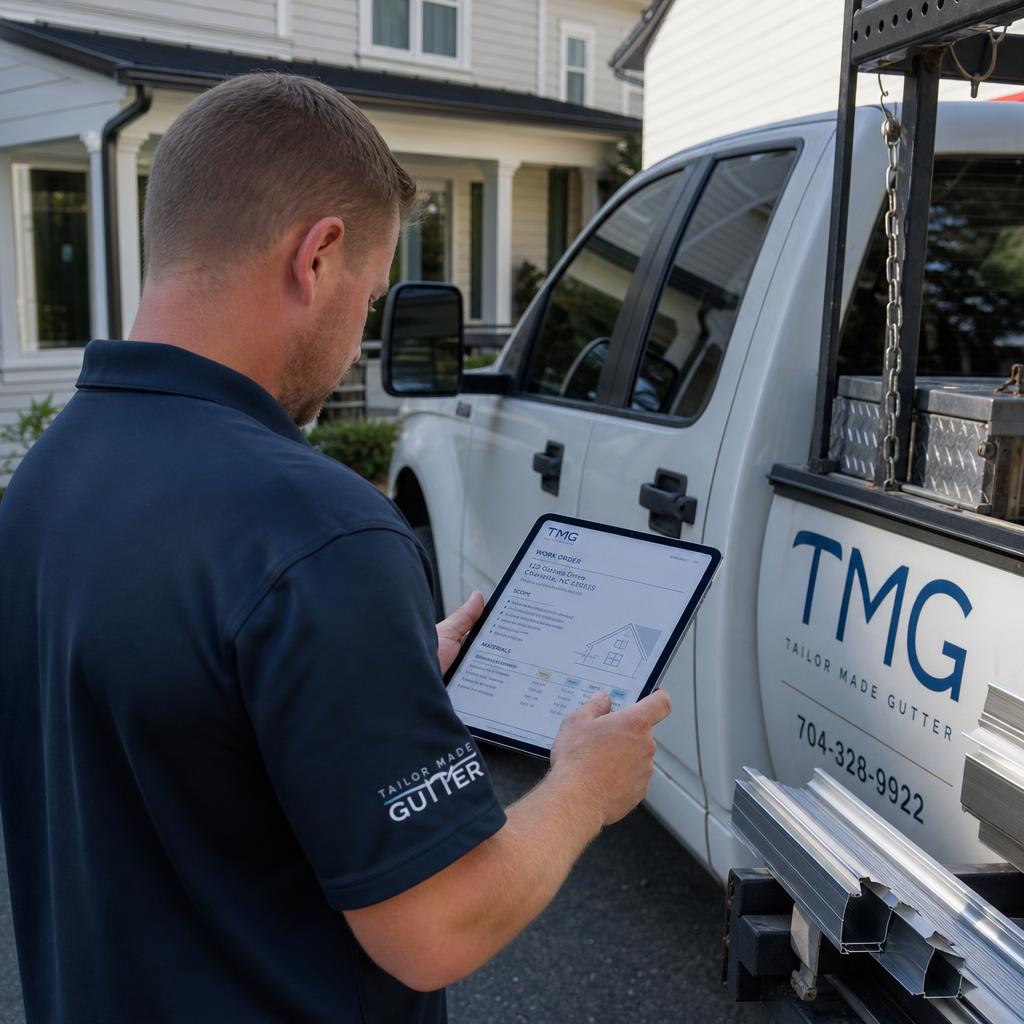 Field crew reviewing organized job details near a work truck before installation