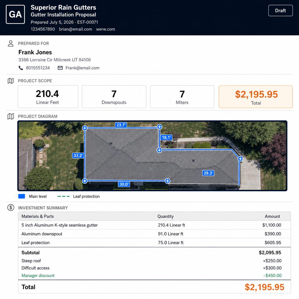 GutterAxis customer proposal showing company header, project scope summary, aerial diagram, and investment breakdown
